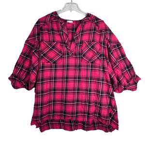 Free People Shirt Red Black Plaid Tunic Top‎ V Neck 3/4 Sleeve Grunge Size Small